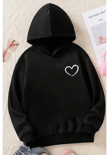 Uyguntarz Çocuk Kalp Baskılı Sweatshirt Siyah
