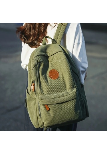 Oldfriend Kadın Yeşil Kadife Sırt Çantası - Büyük Kapasiteli Ayarlanabilir Askılı Okul Gezi Sırt Çantası Yeşil