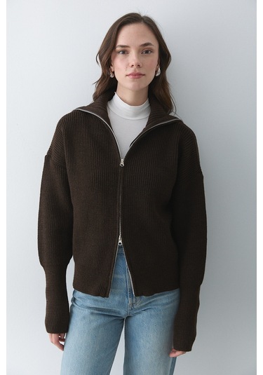 Kahverengi Çift Fermuarlı Hırka - 251080 Koyu Bej