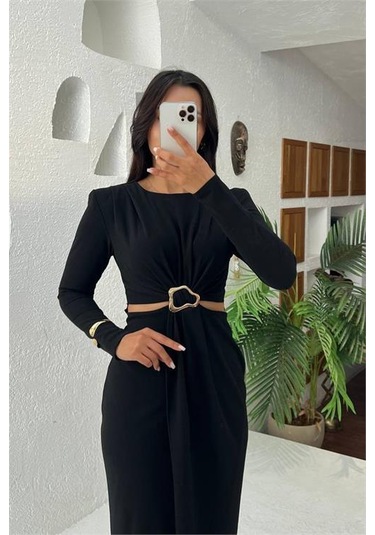 Neşeli Butik Kadın Bel Dekolteli Toka Detaylı Uzun Kollu Elbise Nbmy3655 Siyah