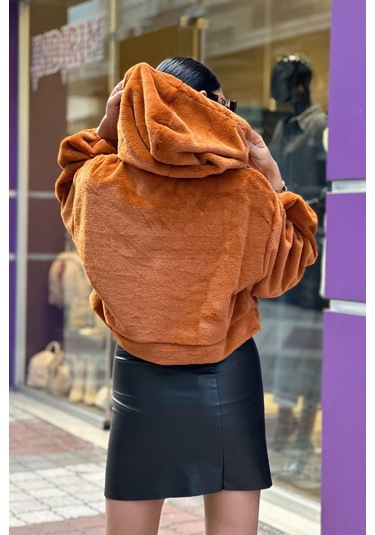 Kadın Crop Boy Yumuşacık Balon Uzun Kol Kapüşonlu Şık Kısa Sweatshirt Turuncu