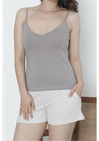 Kadın Şortlu Pijama Takımı İp Askılı Likrali Cepli Kaşkorse Şort Vizon Vizon