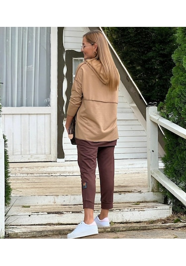 The İstanbul Kadın Kahve Kapşonlu Etek Ucu Detay Arma Ters Dikiş Gorunumlu Ikili Takım Sütlü Kahve