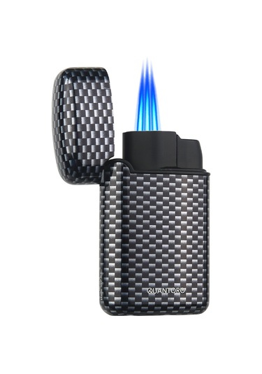 Quantoro Üç Torch Pürmüz Delicili Siyah Karbon Desenli Metal Puro Çakmağı