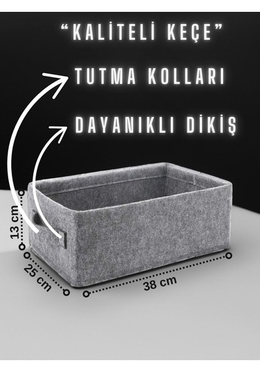 Yunusoğlu Home Dolap İçi Çamaşır Oyuncak Düzenleyici Keçe Saklama Kutusu Sepet Organizer 38x25x13 Cm Gri