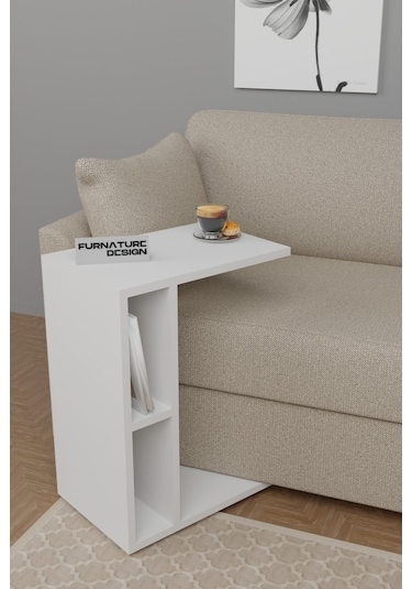 C Yan Sehpa Tekerlekli Koltuk Kenarı Dergilik Sehpa Beyaz