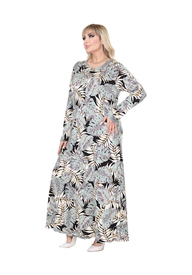 Melsay Butik Yeşil Beyaz Tropik Desen Uzun Kollu Kadın Tesettür Elbise Yeşil