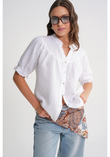 4725 Kadın Büzgü Robalı Kolu Fırfırlı Müslin Gömlek Beyaz Beyaz