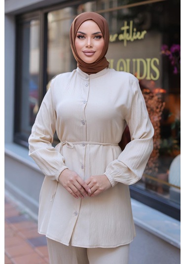 Hakim Yaka Detaylı Tesettür Bej Takım Bej