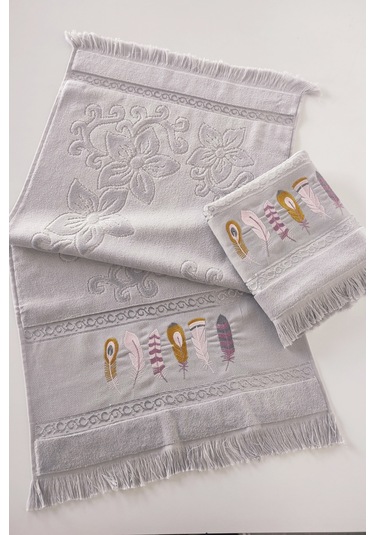 2'li Nakışlı Kadife El Havlusu -jakarlı Tüy İşlemeli Yüz Havlusu - %100 Pamuk Grı Gri