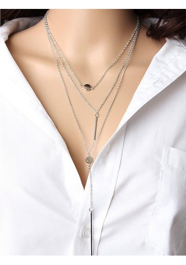 Basit 3 Katmanlı Kolye Küçük Nokta Zarif Metal Bar Kolye Kazak Zinciri Gümüş Çok Renkli