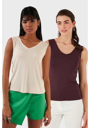 Lela Slim Fit V Yaka Kalın Askılı 2' Li Paket Bayan Bluz 5864384S2 Taş-Vişne