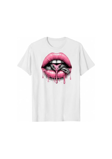 Kadın Beyaz Siyah Yılan Detaylı Dudak Baskılı Regular T-shirt Beyaz