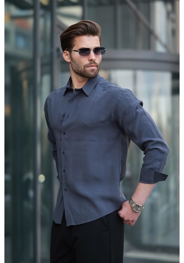 Madmext Füme Basic Uzun Kollu Erkek Gömlek E6762 Füme