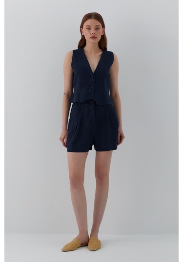 Cepkenli Şortlu Keten Takım Lacivert Lacivert