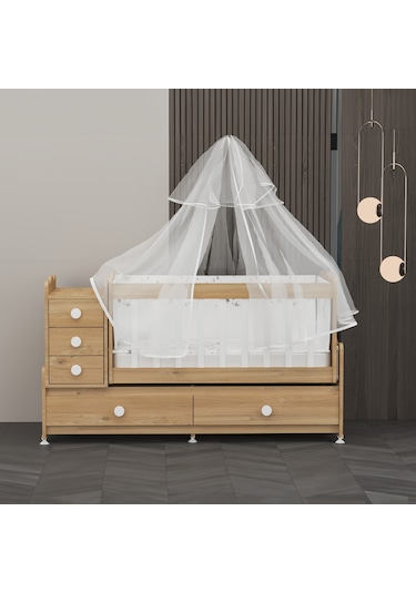Garaj Home Melina Mdf Çıtalı Beşik + Yatak + Uyku Seti - Meşe Beyaz