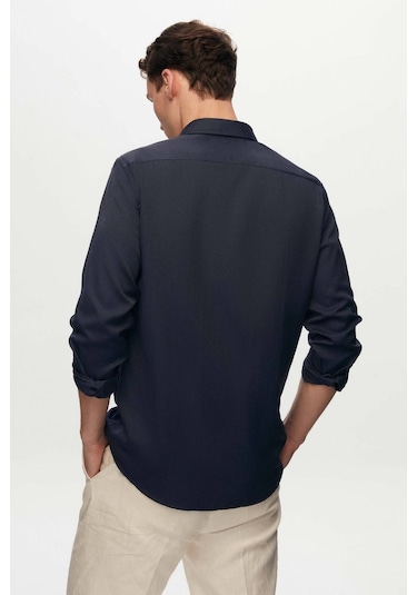Ds Damat Slim Fit Lacivert Oxford Düğmeli Yaka Kolay Ütülenebilir Nakış Detaylı Pamuklu Gömlek 4HC02ORT03265 Lacivert