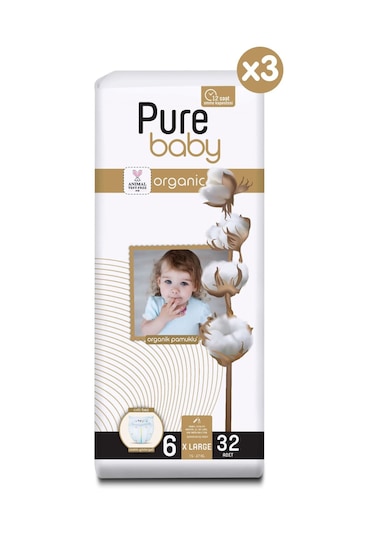 Pure Baby Organik Pamuklu Cırtlı Bez 3'lü Paket 6 Numara Xlarge 96 Adet 3'lü