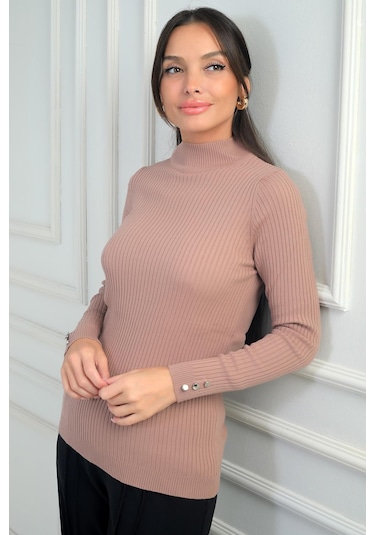 By Saygı Kadın Balıkçı Yaka Basic Fitilli Kolları Düğme Detaylı Kazak-41771 Pudra