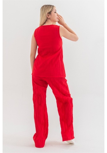 Bold & Young Kraşlı Cepli Beli Lastikli Viskon Polyester Dokuma Pantolon Kırmızı