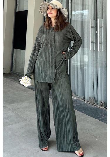 Kadın Koyu Yeşil Uzun Tunik Gömlek & Beli Lastikli, Bol Paça Pantolon - Salaş Bürümcük Takım Petrol