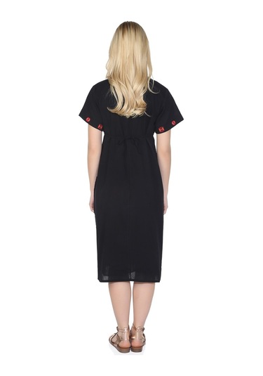 Kısa Kol Şile Bezi Melek Midi Boy Elbise Siyah Syh Siyah