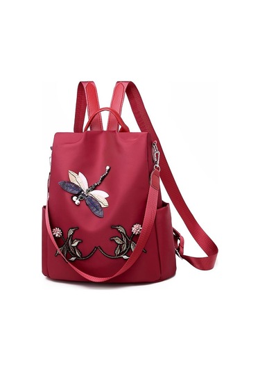 Kırmızı Yogodlns Nakış Dragonfly Su Geçirmez Sırt Çantası Kadın Oxford Omuz Çantası Rahat Seyahat Sırt Çantası Sırt Çantası Kırmızı