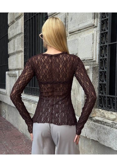Kadın Bisiklet Yaka Full Esnek Dantel Bürümcük Spor Şık Tasarım Asimetrik Kesim Gece Bluzu Kahverengi
