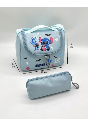 Stitch Desen Aksesuarlı Kore Tarzı Termal Beslenmeli Ve Kalemlikli Kız Çocuk Okul Sırt Çantası Seti Turkuaz