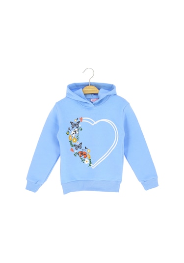 Kelebek Kalp Baskılı Kapüşonlu Üç İplik Sweatshırt Mavi