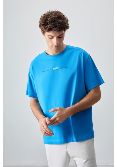 Tommy Life Petrol Mavi %100 Pamuk Kalın Yumuşak Dokulu Oversize Fit Baskılı Erkek T-shirt - 88357 Petrol Mavi