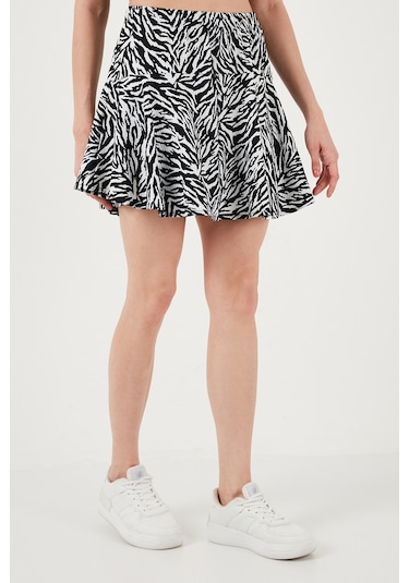 Lela Desenli Beli Lastikli Slim Fit Mini 2'Li Paket Bayan Şort Etek 5864024S2 Siyah-Zebra