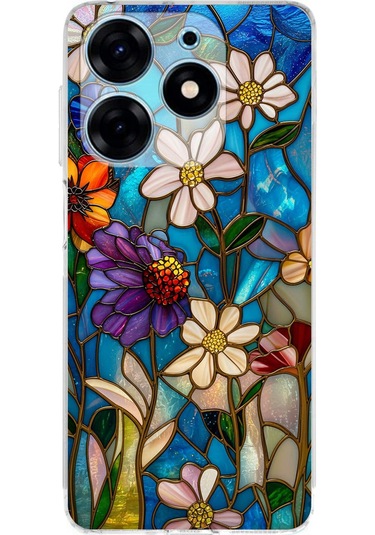 Printify Tecno Spark 10 Pro İle Uyumlu Vitray Mavi Bahar Tasarımlı Şeffaf Silikon Kılıf Şeffaf