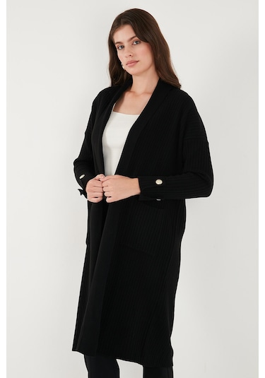 Lela % 100 Akrilik Triko Örme Uzun Bayan Hırka 4615212 Siyah