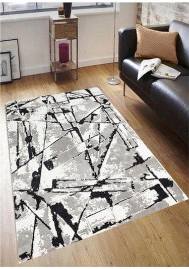 Gri Kaymaz Tabanlı Halı Yolluk Makinede Yıkanabilir Gri - Beyaz