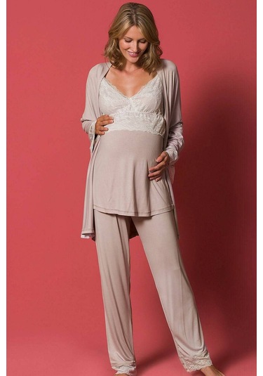 Monamise 18196 Hamile Lohusa Sabahlıklı Pijama Takım - Vizon