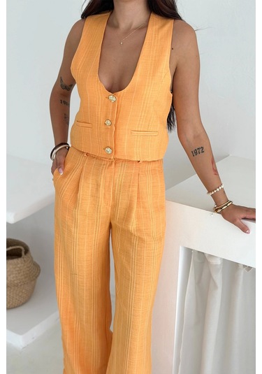 Çizgili Kumaş Yelek Takım Turuncu Turuncu