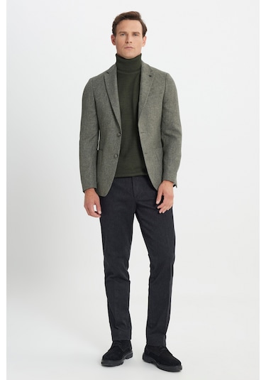 Erkek Hakı Slim Fit Dar Kesim Mono Yaka Desenli Torba Cepli Ceket Haki