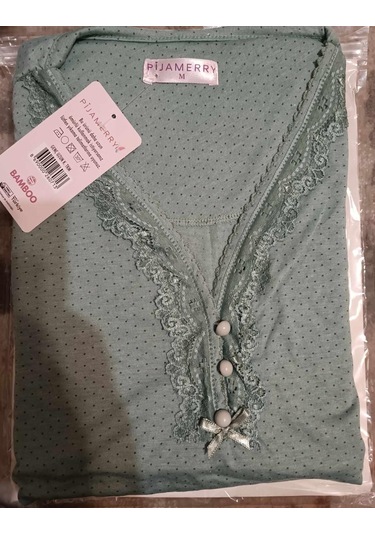 Pijamerry Kadın Dantel Yaka Bambu Uzun Kol Pijama Takımı 5208 - 1 Adet Yeşil