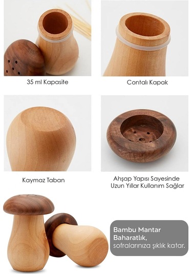 2'li Mantar Model Bambu Baharatlık - Tuzluk Biberlik Karabiberlik Baharat Takımı 35 Ml Bej