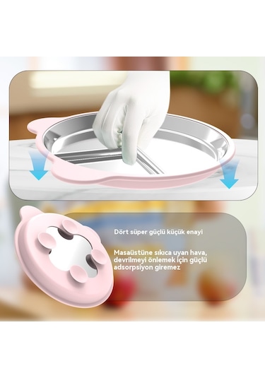 Jianfan Çıkarılabiler Vakumlu Mama Tabağı 304 Çelik Bölmeli Silikon Çocuk Tabağı Hafif Toz Pembe