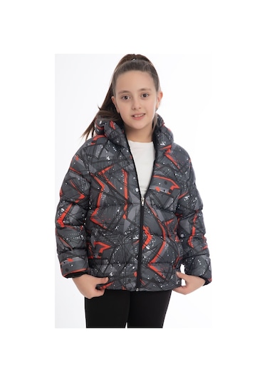 Kız Çocuk Siyah Geometrik Desen İçi Polar Su Ve Rüzgar Geçirmez Kapüşonlu Cepli Şişme Kışlık Mont Siyah