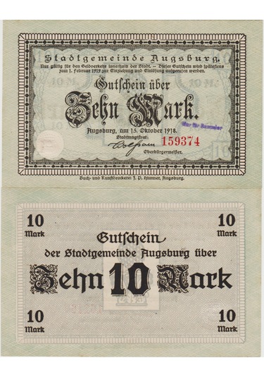 Almanya Augsburg 10 Mark 1918 Notgeld Çil Kondisyon.