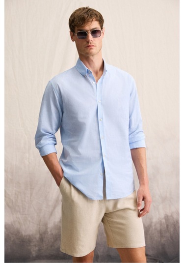 Lasse Erkek Gömlek Yaka Manşetli Uzun Kollu Regular Fit Keten Karışımlı Mavi Gömlek