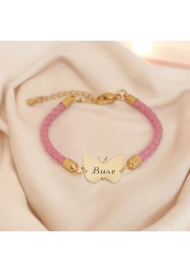 Archin Buse İsmine Özel 14 Ayar Altın Plakalı Doğal Pembe Derili Kelebek Motifli Hediye Bileklik-429isim Buse