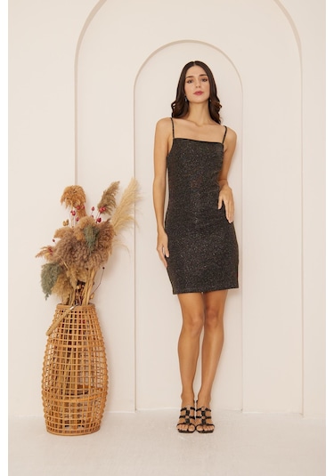 Kadın Siyah Gold Simli Sırt Dekolteli Mini Elbise Dm1036 Siyah