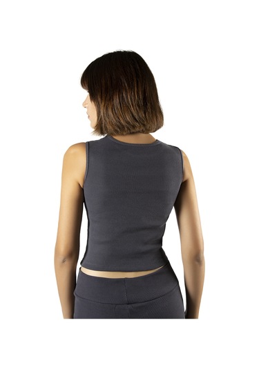 Antrasit Fitted/vücuda Oturan Crop Halter Yaka Fitilli Esnek Örme Bluz Atlet Antrasit