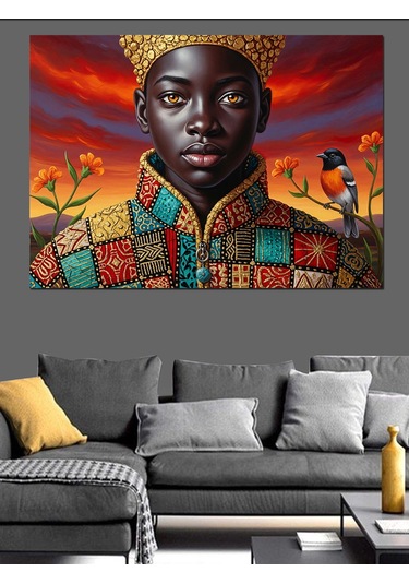 Altın Taçlı Afrikalı Adam Dekoratif Kanvas - Mdf Ahşap Tablo