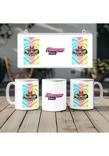 Powerpuff Girls Gökkuşağı Desenli Renkli Kupa Bardak - Eğlenceli Güçlü Kadın Hediye Beyaz