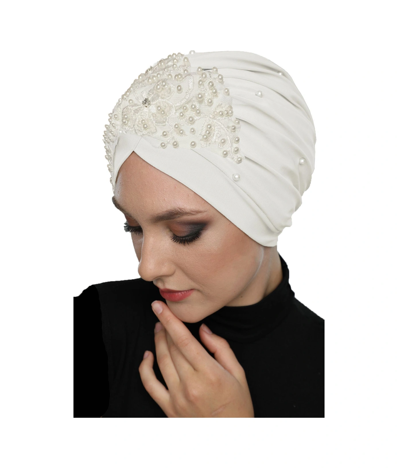 Kopma Astarlı İşlemeli Krem Çiçek Dantel Motifli Hazır Türban Tesettür Abiye Bone Krem-çiçek